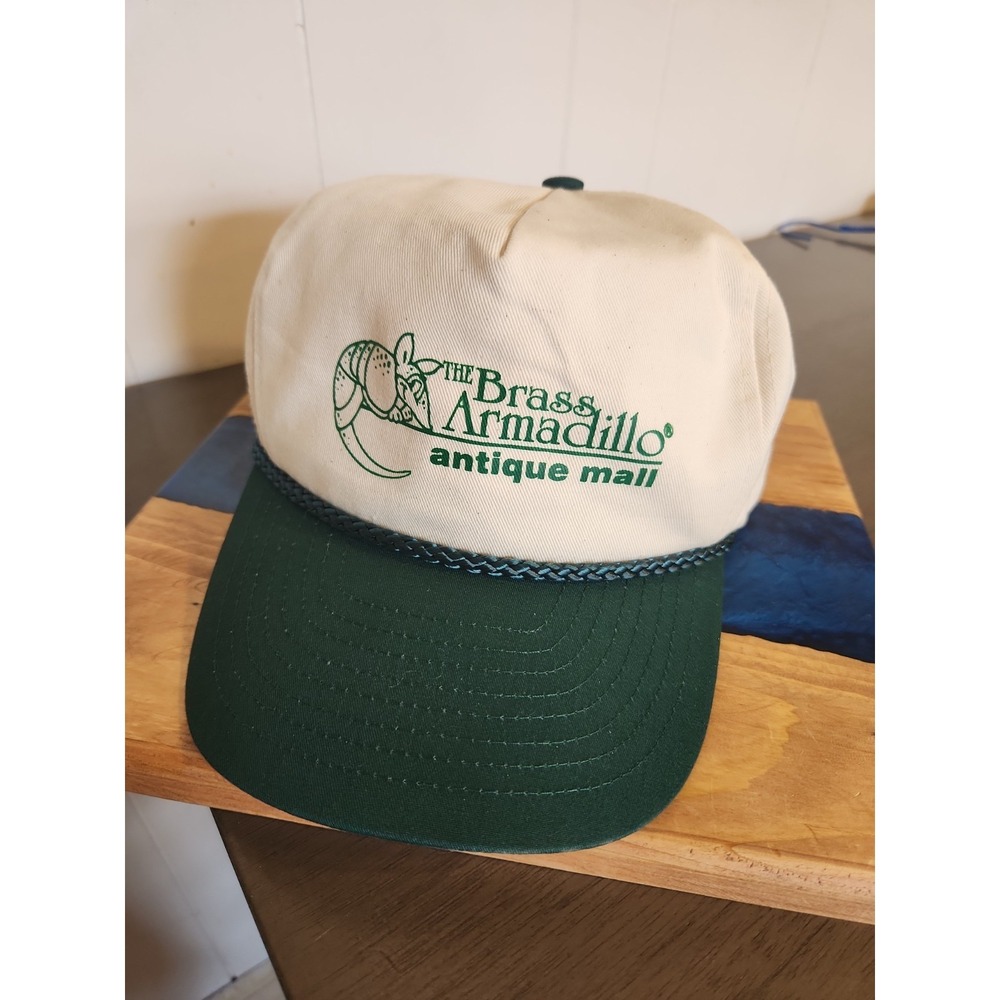 Vintage The Brass Armadillo Antique Mall Trucker Hat Cream & Green Nissin Cap